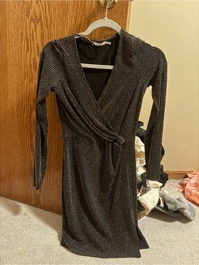 Francesca's Collections Black Metallic Stripe Wrap Dress